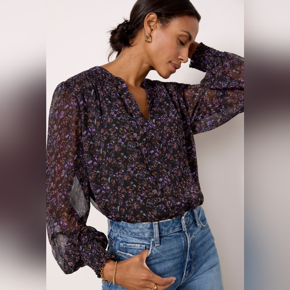 Evereve Petra Blouse Floral Print Smocked Long Sleeves Peasant Top Size XS